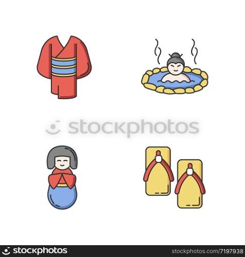 Japan RGB color icons set. Kimono clothing. Yukata shoes. Asian hot springs. Kokeshi doll. Onsen resort. Asian footwear. Traditional japanese attributes. Isolated vector illustrations