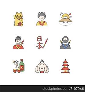 Japan RGB color icons set. Maneki neko. Geisha woman. Mount Fuji. Samurai and ninja. Asian calligraphy. Sumo wrestler. Pagoda style temple. Japanese attributes. Isolated vector illustrations