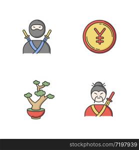 Japan RGB color icons set. Ninja warrior, assassin in mask. Yen coin. Chinese yuan. Bonsai tree in pot. Samurai, asian martial arts. Traditional japanese symbols. Isolated vector illustrations