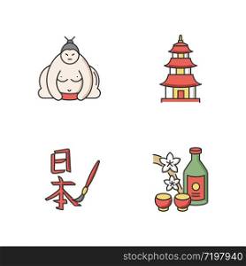 Japan RGB color icons set. Sumo fighter. Shintoism temple. Pagoda style shrine. Asian calligraphy. Sake, alcohol drink. Traditional japanese attributes. Isolated vector illustrations