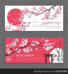 Japan Sakura Horizontal Banners Set. Horizontal banners of pink beautiful sakura branch with flowers and sun drawn in japanese style vector illustration