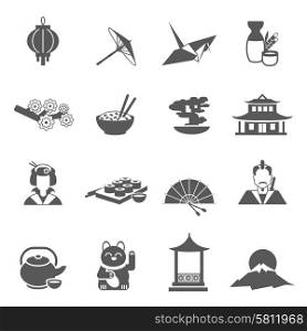 Japan Silhouette Flat Icon Set. Japan symbols gray silhouette flat icon set isolated vector illustration