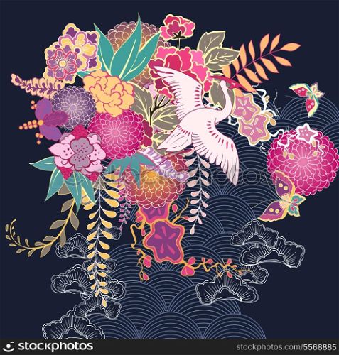 Japan style decorative kimono floral motif vector illustration