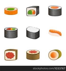 Japan sushi roll icon set. Cartoon set of 9 japan sushi roll vector icons for web design isolated on white background. Japan sushi roll icon set, cartoon style