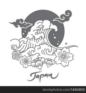 Japan symbolic logo with great wave and sakura flowers and oriental cloud and sun. Vector illustration.