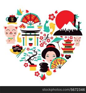 Japan symbols set in heart shape with traditional food and travel icons vector illustration