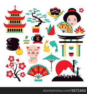 Japan symbols set with traditional food and travel icons isolated vector illustration