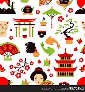 Japan symbols set with traditional food and travel icons seamless pattern vector illustration