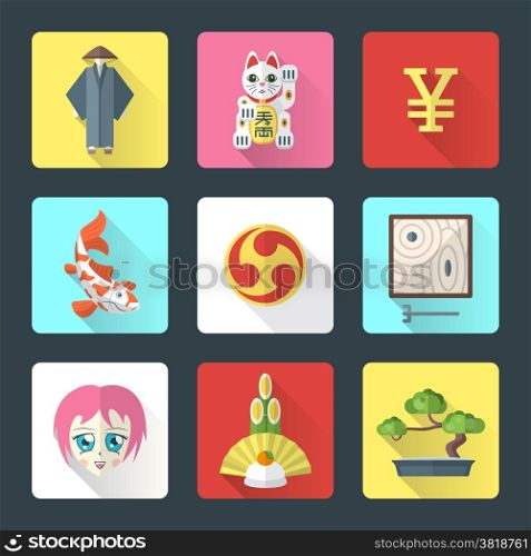 japan theme flat style icons set. vector national japanese theme flat design icons with shadow