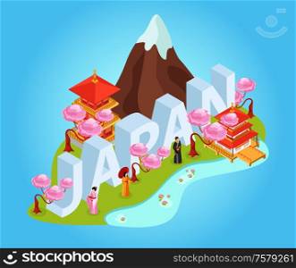 Japan title tourist booklet guide isometric composition with fuji mountain traditional clothing temple big lettering vector illustration