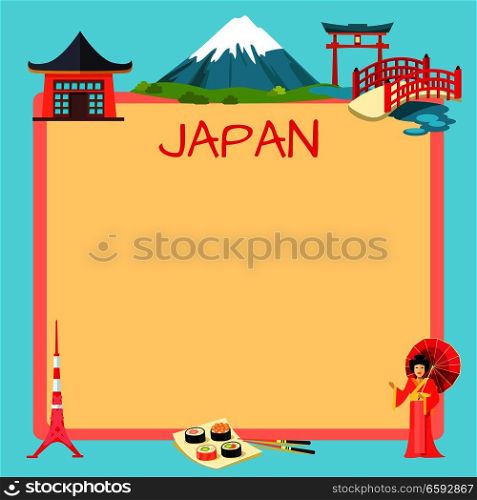 Japan touristic banner with national symbols and s&le text. Japanese cultural, architectural and nature attractions flat vector illustration. Vacation in exotic country concept for travel company ad. Japan Touristic Vector Concept with S&le Text