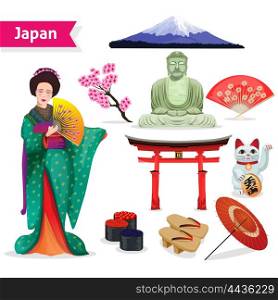 Japan Touristic Set. Japan touristic set with woman in kimono fuji lucky cat and symbols of religions isolated vector illustration