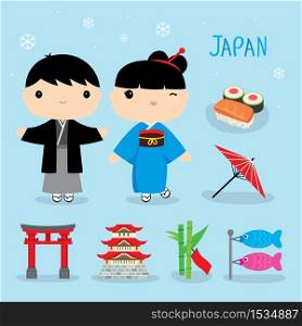 Japan Tradition Food Place Travel Asia Mascot Boy and Girl Cartoon Element Vector