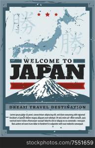 Japan travel and Tokyo city tourism retro vintage poster. Vector Japanese culture and tradition, sightseeing landmarks and tourist attraction trips to Fuji mount, Japan map and hieroglyphs. Welcome to Japan, Tokyo Fuji mount travel