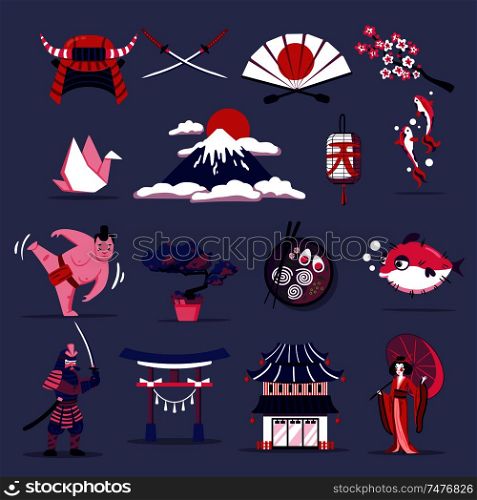 Japan travel cartoon set of elements of national cuisine culture tradition and landmarks flat vector illustration