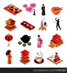 Japan travel culture traditions food isometric icons set with sushi temple geisha cherry blossom isolated vector illustration