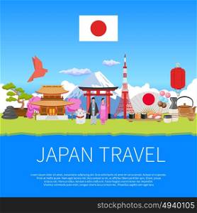 Japan Travel Flat Composition Advertisement Poster . Japan travel flat advertisement flyer with national cultural symbols landmarks and places of interest composition poster vector illustration