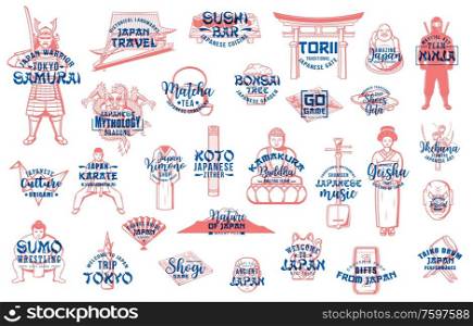 Japan travel, food, culture, sport vector icons with letterings. Sketches of Japanese sushi, fuji mountain, bonsai and fan, origami, tea ceremony and dragon, Buddha, geisha kimono, sumo and pagoda. Japan icons of culture, travel, food and sport