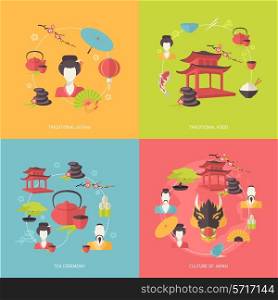 Japan travel icons flat set with traditional geisha food tea ceremony culture isolated vector illustration
