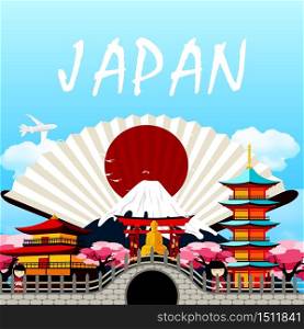 Japan travel in Japanese upon the fan.Vector