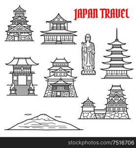 Japan travel landmarks thin line icons of Fuji mountain and Ushiku Great Buddha, Imperial palace and Osaka castle, deva gate of Kiyomizu-dera temple, oldest pagoda in temple of flourishing law, Matsue castle and Toji temple. Japan travel landmarks thin line icons