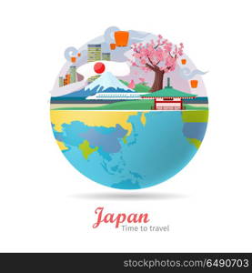 Japan Travel Poster. Japan tourism poster design with attractions on the background of the globe. Time to travel. Japan landmark. Japan travel poster design in flat. Travel composition with famous landmarks.