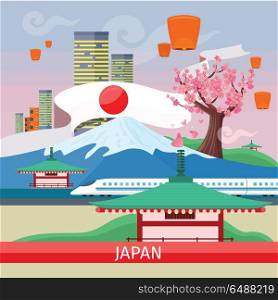 Japan Travelling Banner. Japanese Landmarks. Japan travelling banner. Landscape with traditional Japanese landmarks. Skyscrapers and private buildings. Nature and architecture. Part of series of travelling around the world. Vector illustration