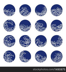 Japan wave line art vector collection set. Indigo and blue print style.