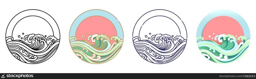 Japan wave water art vector illustration. Outline, flat, outline color and paper cut design. Gold and pastel color tone.