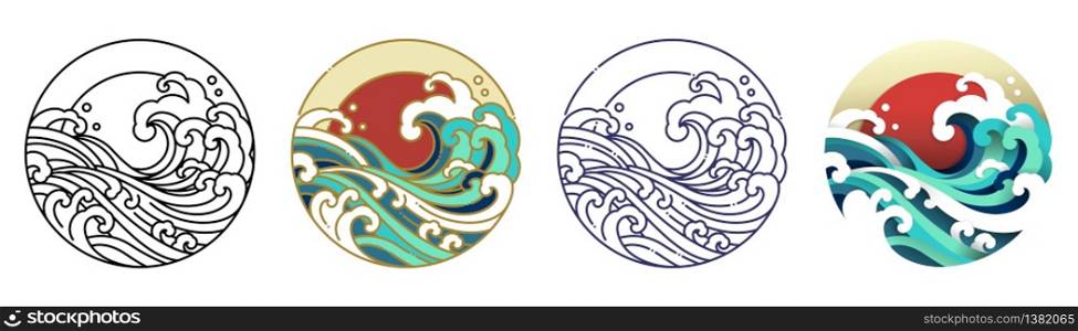 Japan wave water art vector illustration. Outline, flat, outline color and paper cut design.