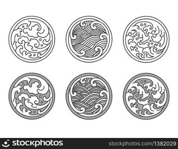 Japanese and Thai and Chinese Water wave line set. Design in round,moon,sun shape. Fill color and outline style.