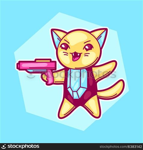Japanese anime cosplay cat. Cute kawaii character with gun. Japanese anime cosplay cat. Cute kawaii character with gun.