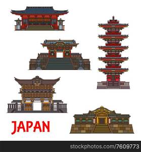 Japanese architecture landmarks, temples and famous buildings, vector icons. Nikko Futarasan shrine pagodas, Omotemon, Yomeimon and Karamon gates, historic Buddhism traditional symbols. Japan temples, royal architecture landmarks icons