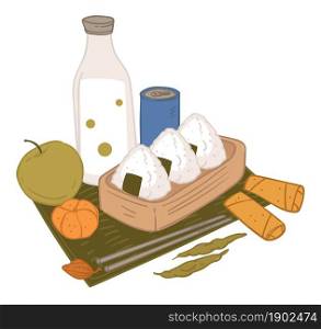 Japanese asian cuisine, isolated onigiri meal made of rice and nori. Vegetables and drinks. Milk in bottle, apple and small pumpkin served on board. Autumn simple dishes. Vector in flat style. Breakfast or lunch, japanese cuisine meal and food