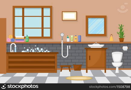 Japanese Bathroom Residential Traditional Style Wood Accent Interior Illustration