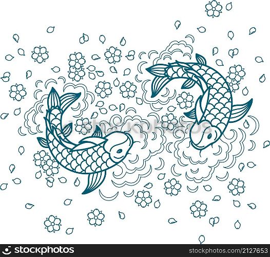 Japanese brocade koi carps in water monochrome graphics isolated. Japanese brocade koi carps in water monochrome graphics
