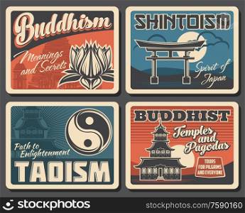 Japanese Buddhism, Shintoism and Taoism religion vector vintage posters. Japanese Buddhist religious travel and pilgrim tours to worship shrines, Shinto temples and Tao pagodas. Buddhism, shintoism and taoism religion