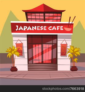 Japanese cafe serving food by Japan recipes vector. Diner building exterior facade of restaurant in asian architectural tradition. Bar or eatery, japan eating meal oriental dishes. Bowl and chopsticks. Japanse Cafe Japan Restaurant on Street of City