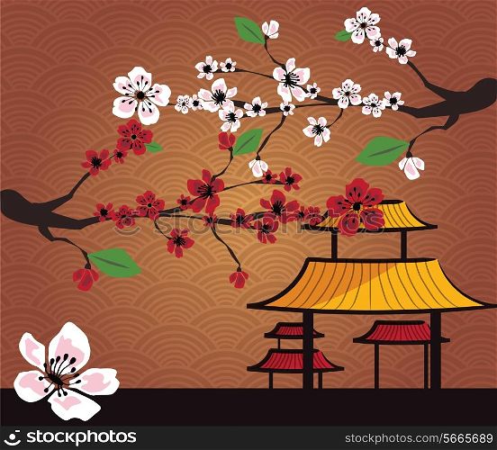 Japanese card with cherry blossom, sakura and traditional Japanese elements