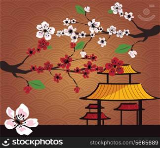 Japanese card with cherry blossom, sakura and traditional Japanese elements