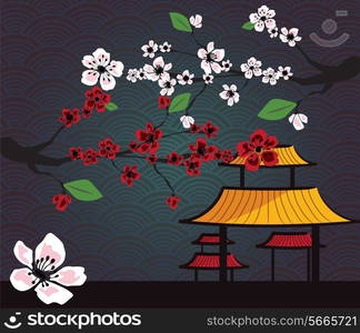 Japanese card with cherry blossom, sakura and traditional Japanese elements