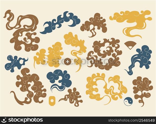 Japanese clouds. Oriental asian pattern with chinese ancient wave, art sky texture curly eastern style. Windy weather. Traditional chinese cloudscape isolated design elements. Vector night background. Japanese clouds. Oriental asian pattern with chinese ancient wave, art sky texture curly eastern style. Traditional chinese cloudscape isolated design elements. Vector night background