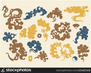 Japanese clouds. Oriental asian pattern with chinese ancient wave, art sky texture curly eastern style. Windy weather. Traditional chinese cloudscape isolated design elements. Vector night background. Japanese clouds. Oriental asian pattern with chinese ancient wave, art sky texture curly eastern style. Traditional chinese cloudscape isolated design elements. Vector night background