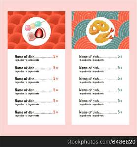Japanese cuisine. A set of templates of the menu of a Japanese r. Japanese cuisine. Set of traditional Japanese dishes. Sweets and tempura to traditional patterns. Vector illustration.
