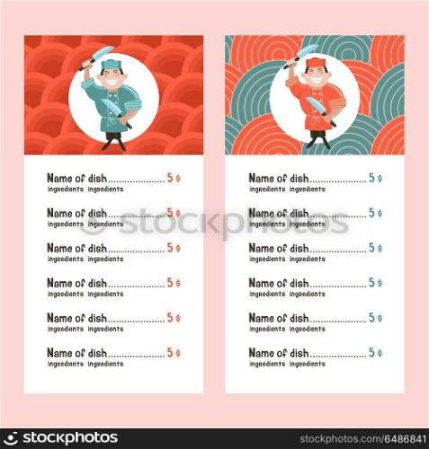 Japanese cuisine. A set of templates of the menu of a Japanese r. Japanese cuisine. Menu template restaurant or cafe of Japanese food. Japanese chef with two knives. Vector illustration.