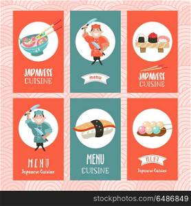 Japanese cuisine. A set of templates of the menu of a Japanese r. Japanese cuisine. Set of postcards. traditional Japanese dish. Japanese chef with two knives. Vector illustration.