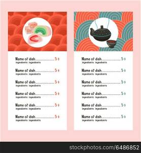 Japanese cuisine. A set of templates of the menu of a Japanese r. Japanese cuisine. Set of traditional Japanese dishes. Sweets and tea on a background of traditional patterns. Vector illustration.