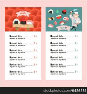 Japanese cuisine. A set of templates of the menu of a Japanese r. Japanese cuisine. Set of menu templates. Japanese chef with two knives. Set of traditional Japanese dishes. The sushi rolls. Vector illustration.