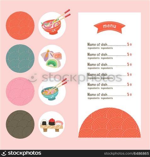 Japanese cuisine. A set of templates of the menu of a Japanese r. Japanese cuisine. Menu template restaurant or cafe of Japanese food. Set of icons with traditional Japanese dishes. A set of ornaments.