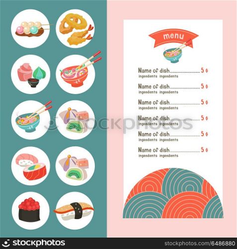 Japanese cuisine. A set of templates of the menu of a Japanese r. Japanese cuisine. Set of vector icons of traditional Japanese dishes. The template menu. Sushi, rolls, sweets, soups, tempura.